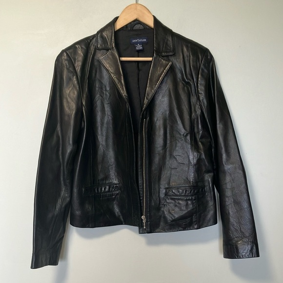 Ann Taylor Sleek Black Leather Jacket with Zip - Picture 1 of 6